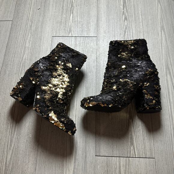 NEW STEVE MADDEN Georgia Ankle Boots 5.5 Reversible Sequin Gold Black Block Heel - Picture 2 of 9